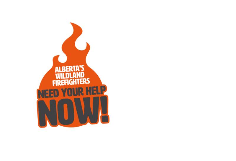 Graphic of an orange flame with text that reads &quot;Alberta&#039;s wildland firefighters need your help now!&quot;