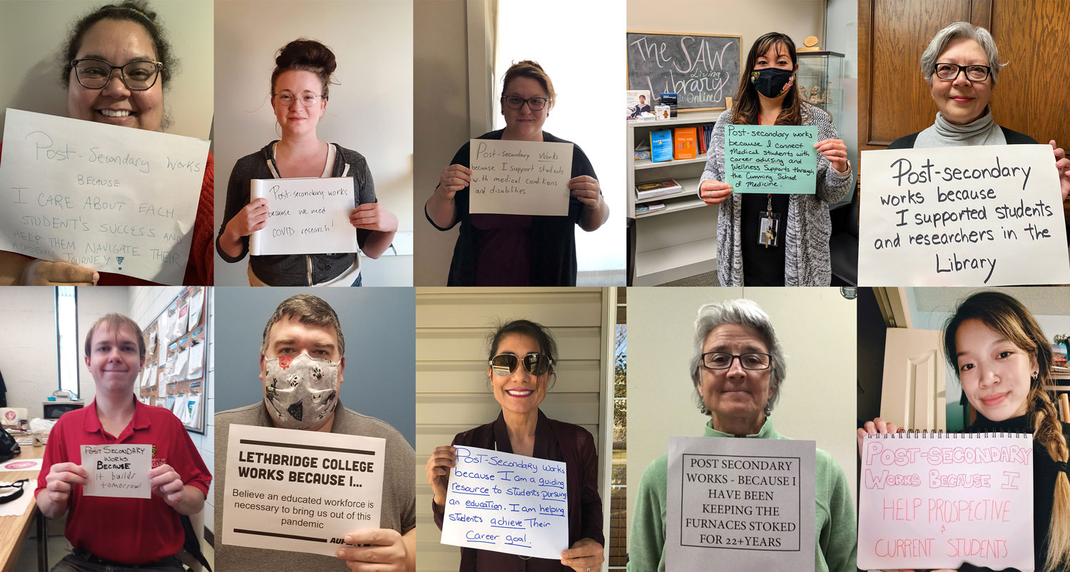 Collage of AUPE member selfies with members holding signs with descriptions of how their jobs are important to post-secondary.