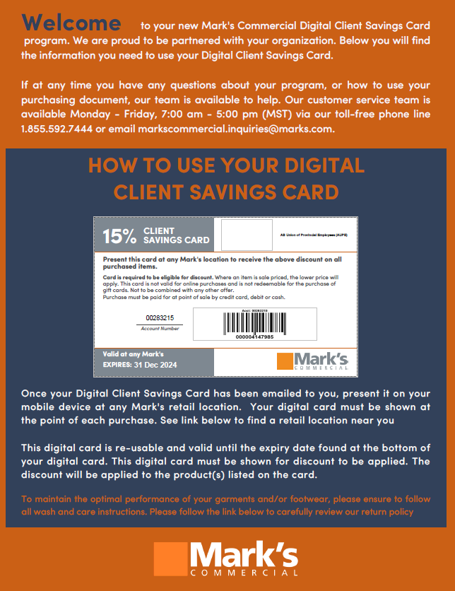 Welcome to your new Mark's Commercial Digital Client Savings Card program