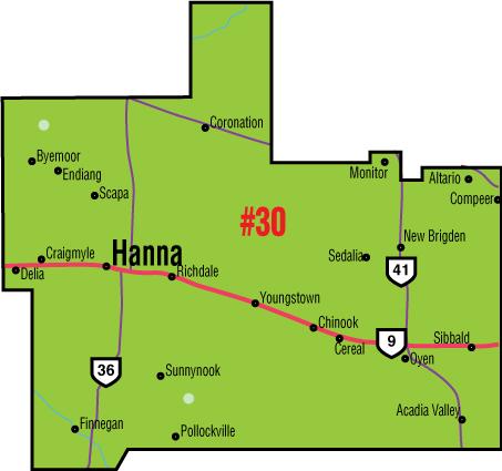 A map of the Alberta Union of Provincial Employees&#039; Hanna/Youngstown Area Council.