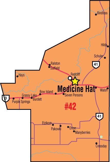 A map of the Alberta Union of Provincial Employees&#039; Medicine Hat Area Council.