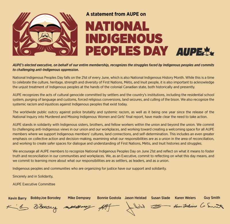 AUPE Executive Statement: National Indigenous Peoples Day 2020