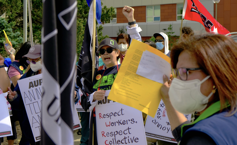 AUPE members working at Canterbury in Edmonton rally outside the workplace.